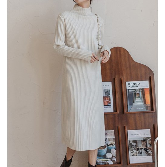 【取寄：納期2週間】ニットワンピース ハイネック 選べる丈 リブニットワンピース ミディアム丈 ロング丈 ショート丈 ミモレ丈 シンプル 定番 レトロ クラシカル ボトルネック タイト