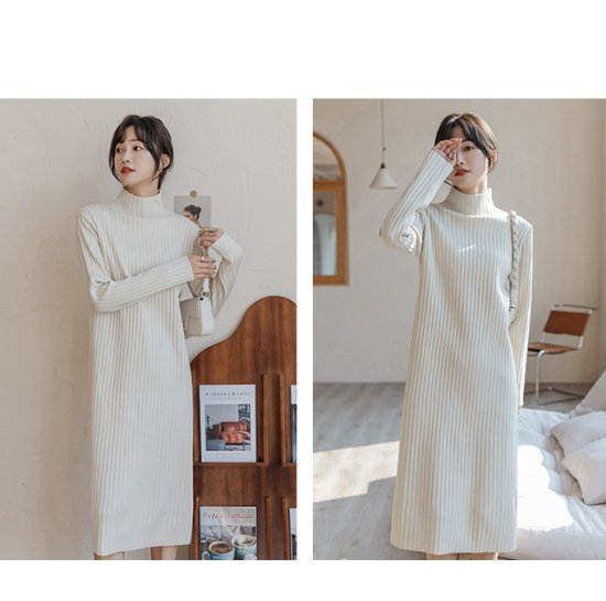 【取寄：納期2週間】ニットワンピース ハイネック 選べる丈 リブニットワンピース ミディアム丈 ロング丈 ショート丈 ミモレ丈 シンプル 定番 レトロ クラシカル ボトルネック タイト