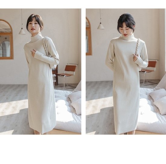 【取寄：納期2週間】ニットワンピース ハイネック 選べる丈 リブニットワンピース ミディアム丈 ロング丈 ショート丈 ミモレ丈 シンプル 定番 レトロ クラシカル ボトルネック タイト