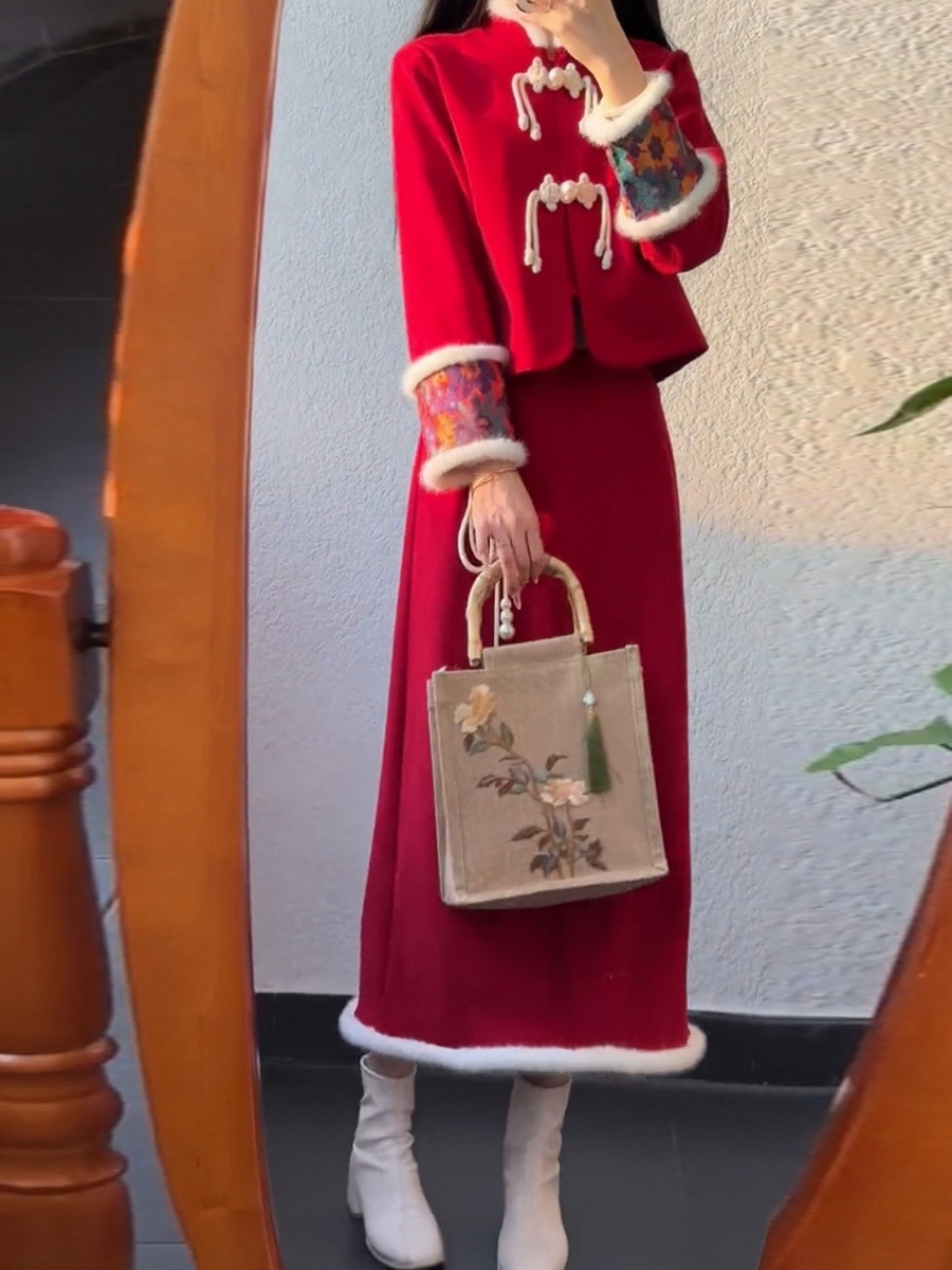 デザイン感秋冬 新年セットファッション クリスマス 衣装 新しい中国風 2点セット デザイン感秋冬 新年セットファッション クリスマス 衣装 新しい中国風 2点セット