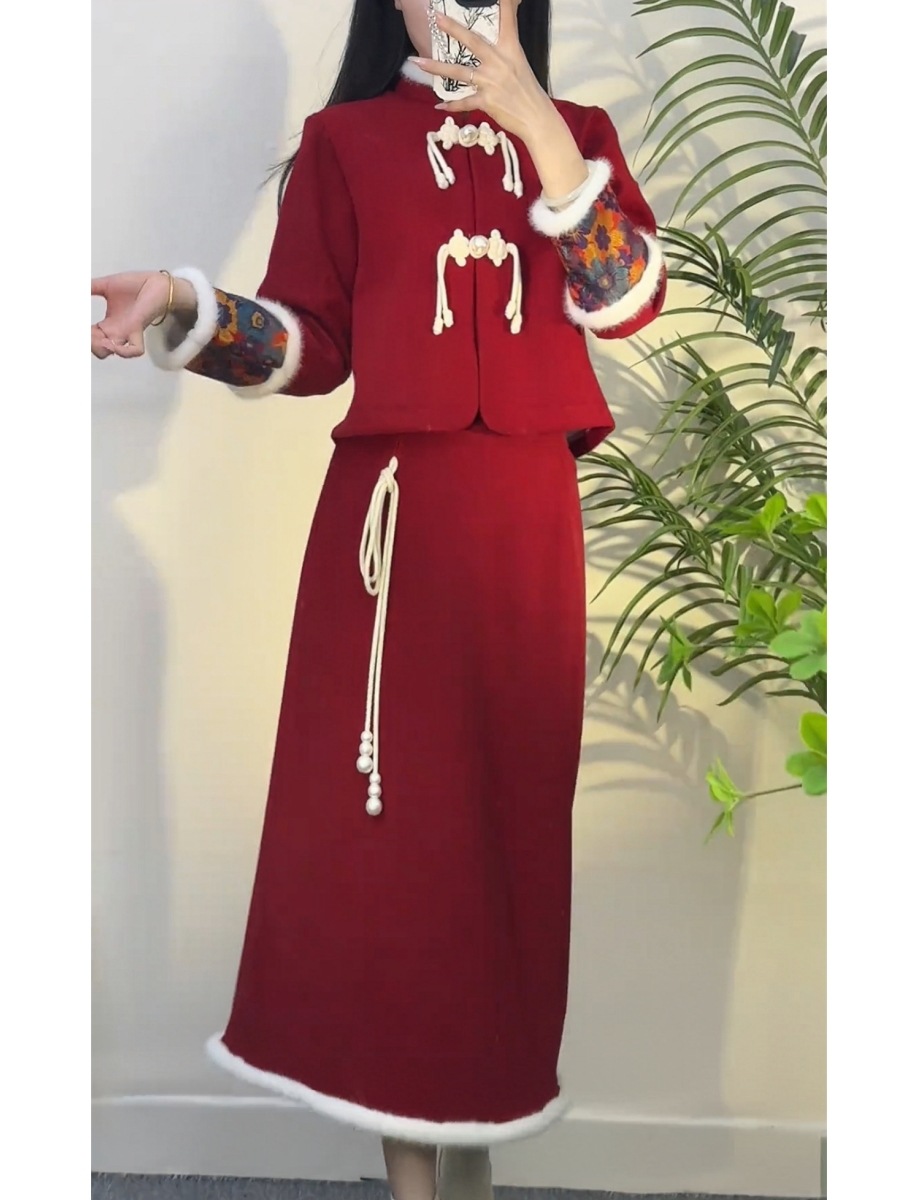デザイン感秋冬 新年セットファッション クリスマス 衣装 新しい中国風 2点セット デザイン感秋冬 新年セットファッション クリスマス 衣装 新しい中国風 2点セット
