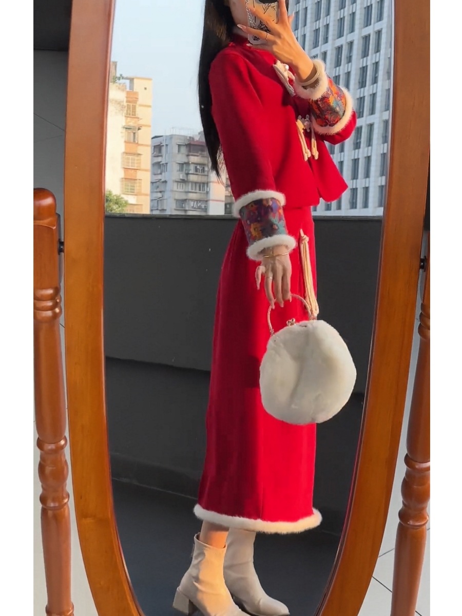 デザイン感秋冬 新年セットファッション クリスマス 衣装 新しい中国風 2点セット デザイン感秋冬 新年セットファッション クリスマス 衣装 新しい中国風 2点セット