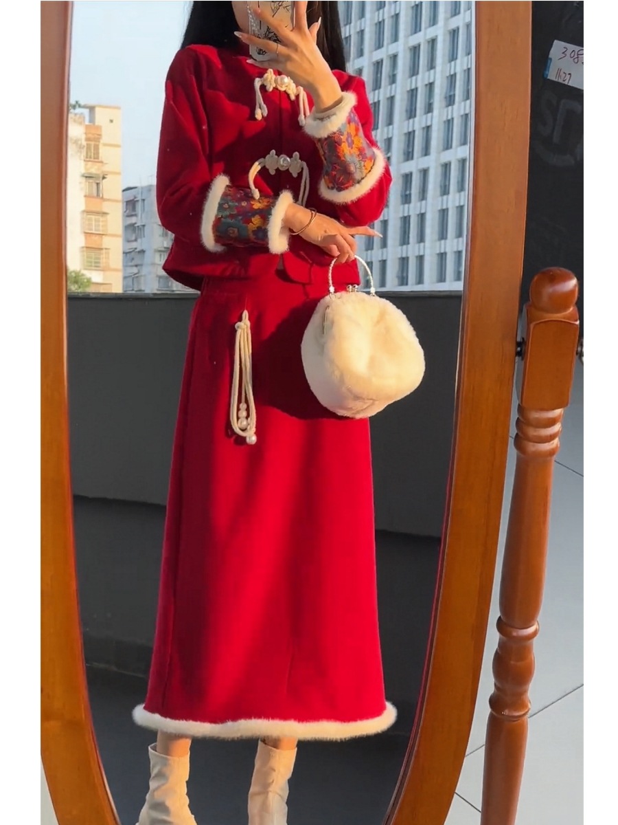 デザイン感秋冬 新年セットファッション クリスマス 衣装 新しい中国風 2点セット デザイン感秋冬 新年セットファッション クリスマス 衣装 新しい中国風 2点セット