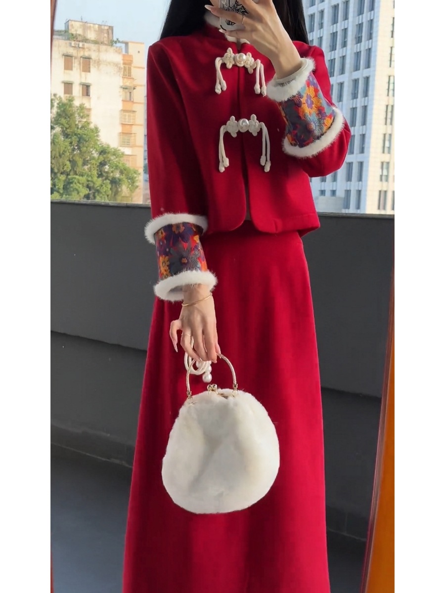 デザイン感秋冬 新年セットファッション クリスマス 衣装 新しい中国風 2点セット デザイン感秋冬 新年セットファッション クリスマス 衣装 新しい中国風 2点セット