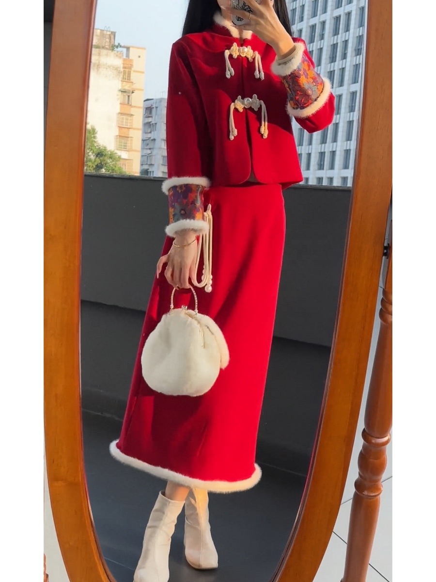 デザイン感秋冬 新年セットファッション クリスマス 衣装 新しい中国風 2点セット デザイン感秋冬 新年セットファッション クリスマス 衣装 新しい中国風 2点セット