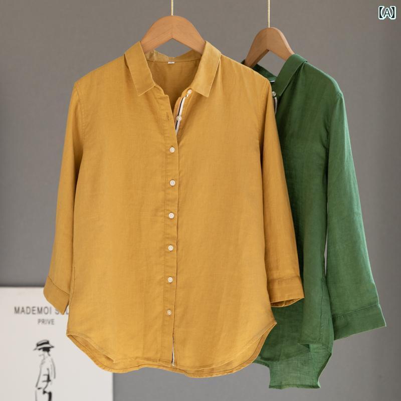 レディース シャツ トップス 麻 イエローの 七分袖 シャツ レトロ アートの 高級 カジュアル トップ レディース シャツ トップス 麻 イエローの 七分袖 シャツ レトロ アートの 高級 カジュアル トップ