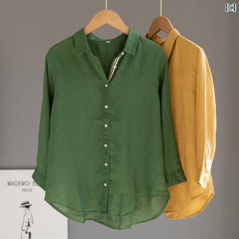 レディース シャツ トップス 麻 イエローの 七分袖 シャツ レトロ アートの 高級 カジュアル トップ レディース シャツ トップス 麻 イエローの 七分袖 シャツ レトロ アートの 高級 カジュアル トップ