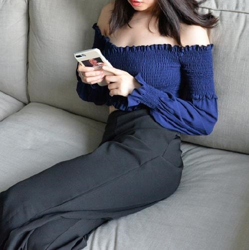 2178.クロス切替 フリル オフショルダー トップス(ブルー) 2178.クロス切替 フリル オフショルダー トップス(ブルー)