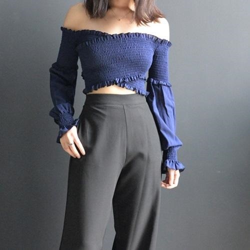 2178.クロス切替 フリル オフショルダー トップス(ブルー) 2178.クロス切替 フリル オフショルダー トップス(ブルー)