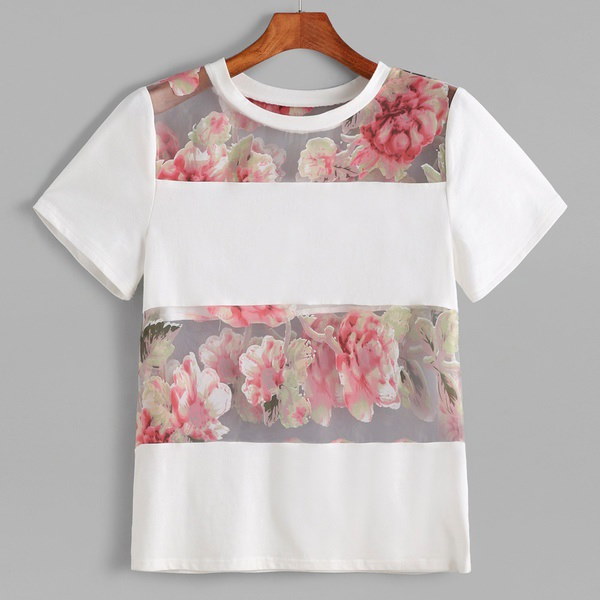 新しいスタイルの女性の夏の白半袖花プリントTシャツブラウストップレメスTシャツ 新しいスタイルの女性の夏の白半袖花プリントTシャツブラウストップレメスTシャツ