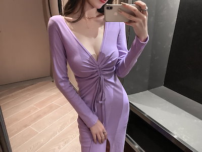 ワンピース タイトワンピース 膝丈 長袖 無地 春 秋 冬 スリム タイト 細身 スリット ワンピース タイトワンピース 膝丈 長袖 無地 春 秋 冬 スリム タイト 細身 スリット