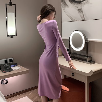 ワンピース タイトワンピース 膝丈 長袖 無地 春 秋 冬 スリム タイト 細身 スリット ワンピース タイトワンピース 膝丈 長袖 無地 春 秋 冬 スリム タイト 細身 スリット