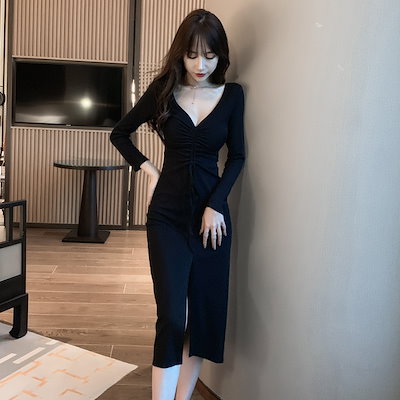 ワンピース タイトワンピース 膝丈 長袖 無地 春 秋 冬 スリム タイト 細身 スリット ワンピース タイトワンピース 膝丈 長袖 無地 春 秋 冬 スリム タイト 細身 スリット