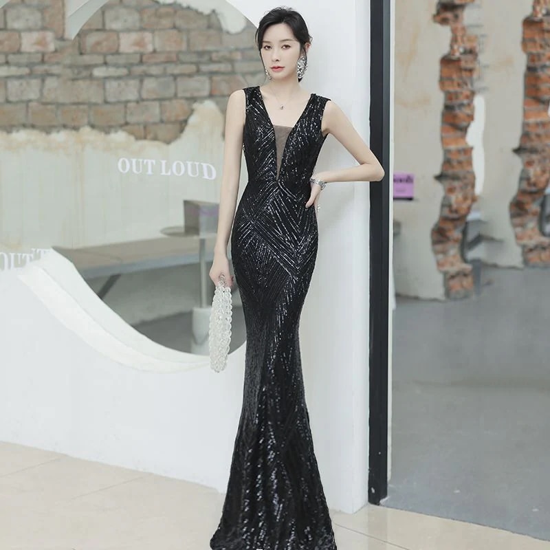 女性用ブラックスパンコールイブニングドレスエレガントな宴会ドレスセクシーなロングスタイル 女性用ブラックスパンコールイブニングドレスエレガントな宴会ドレスセクシーなロングスタイル