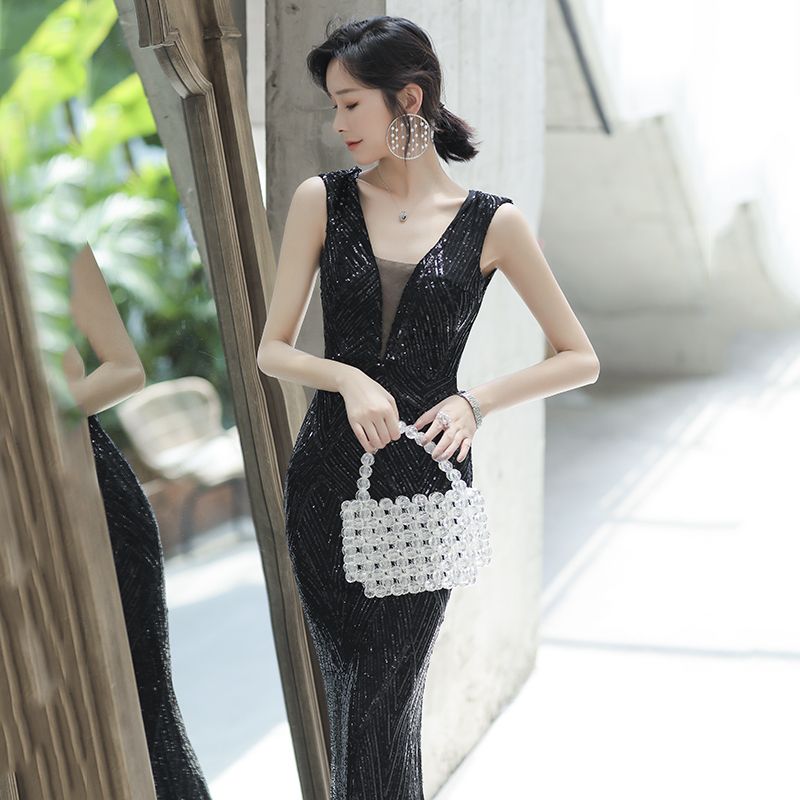 女性用ブラックスパンコールイブニングドレスエレガントな宴会ドレスセクシーなロングスタイル 女性用ブラックスパンコールイブニングドレスエレガントな宴会ドレスセクシーなロングスタイル