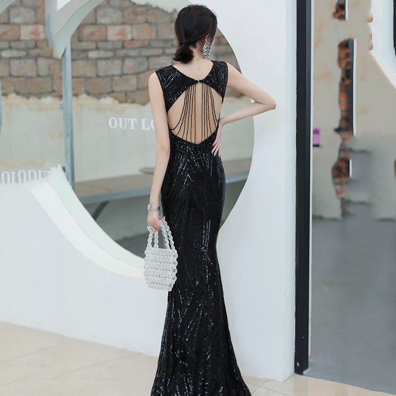 女性用ブラックスパンコールイブニングドレスエレガントな宴会ドレスセクシーなロングスタイル 女性用ブラックスパンコールイブニングドレスエレガントな宴会ドレスセクシーなロングスタイル