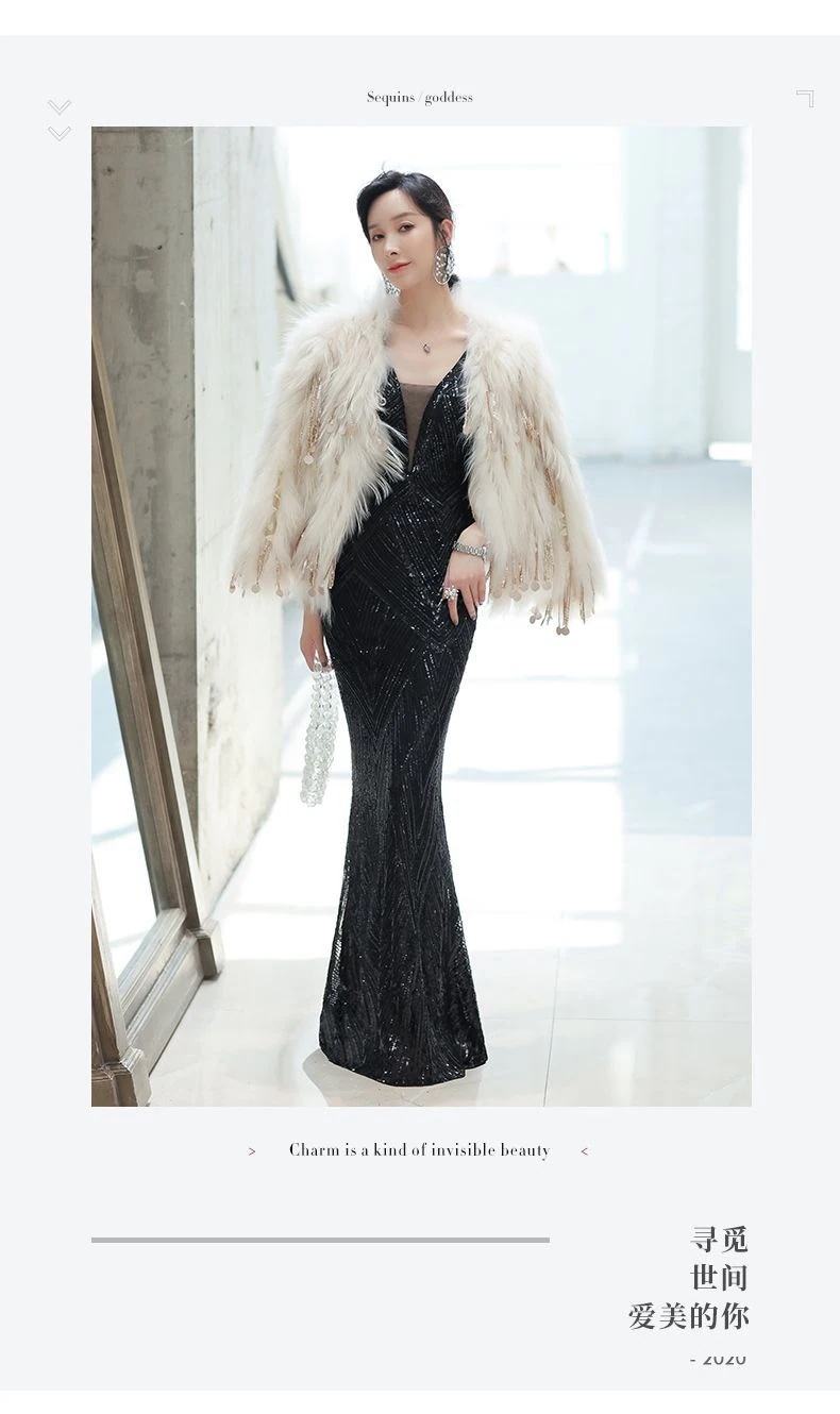 女性用ブラックスパンコールイブニングドレスエレガントな宴会ドレスセクシーなロングスタイル 女性用ブラックスパンコールイブニングドレスエレガントな宴会ドレスセクシーなロングスタイル