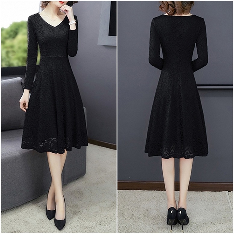 ワンピース ドレス レディース 総レースワンピース ミディアム フレア ドレス Vネック 長袖 花柄