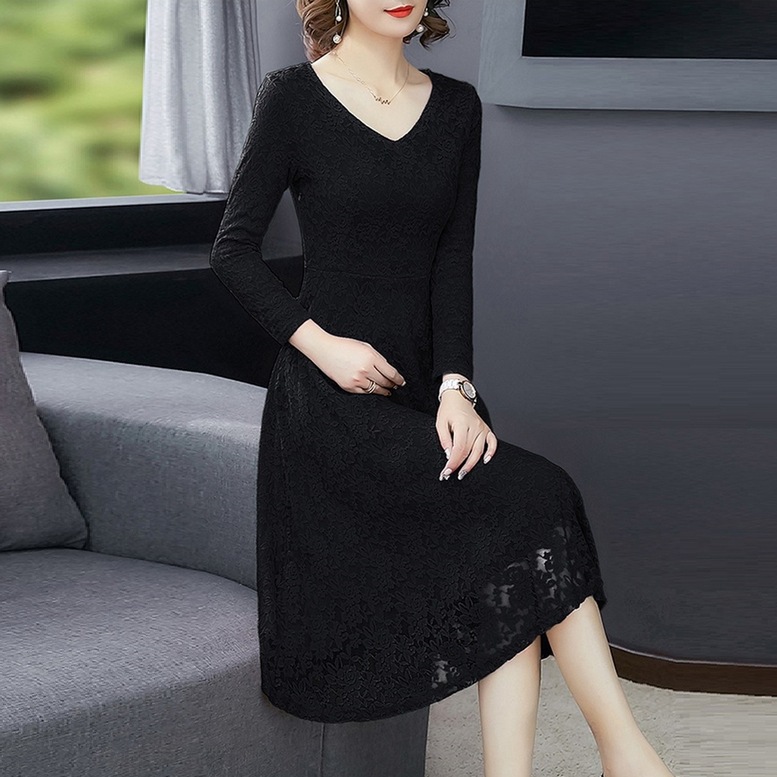 ワンピース ドレス レディース 総レースワンピース ミディアム フレア ドレス Vネック 長袖 花柄