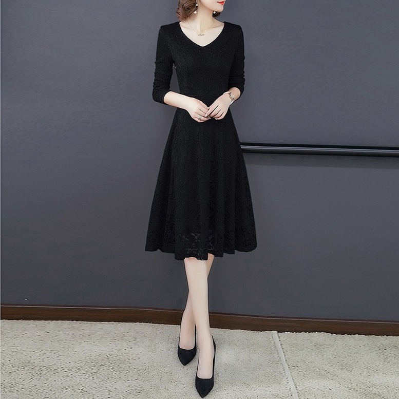 ワンピース ドレス レディース 総レースワンピース ミディアム フレア ドレス Vネック 長袖 花柄