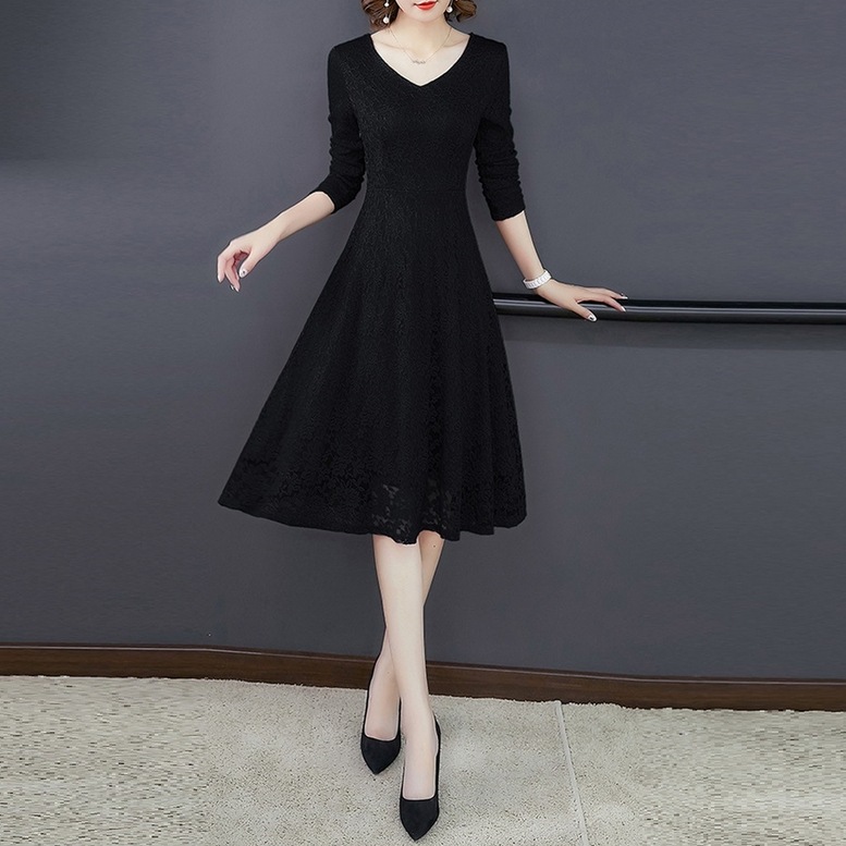 ワンピース ドレス レディース 総レースワンピース ミディアム フレア ドレス Vネック 長袖 花柄