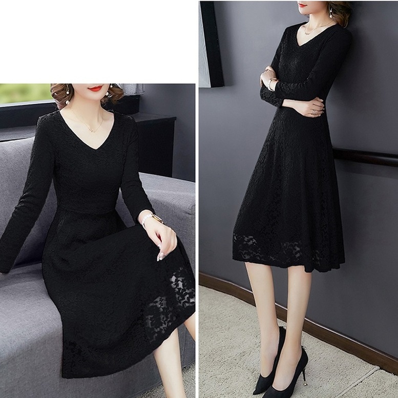 ワンピース ドレス レディース 総レースワンピース ミディアム フレア ドレス Vネック 長袖 花柄