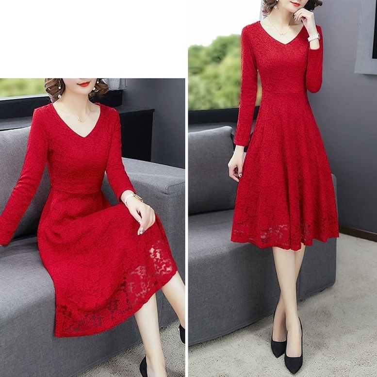 ワンピース ドレス レディース 総レースワンピース ミディアム フレア ドレス Vネック 長袖 花柄