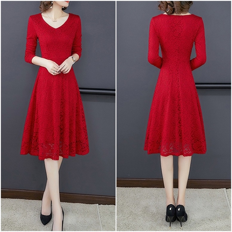 ワンピース ドレス レディース 総レースワンピース ミディアム フレア ドレス Vネック 長袖 花柄