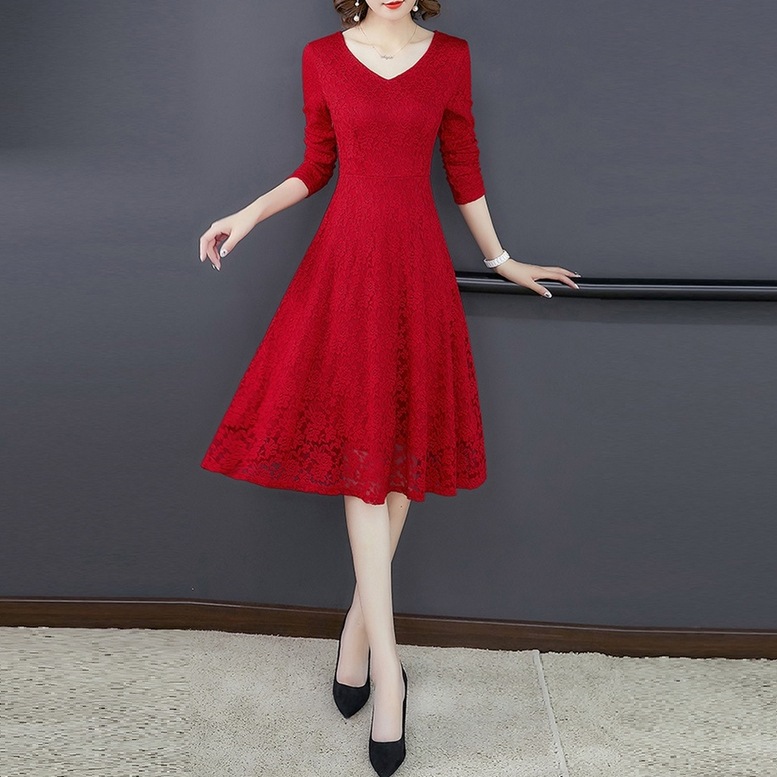 ワンピース ドレス レディース 総レースワンピース ミディアム フレア ドレス Vネック 長袖 花柄
