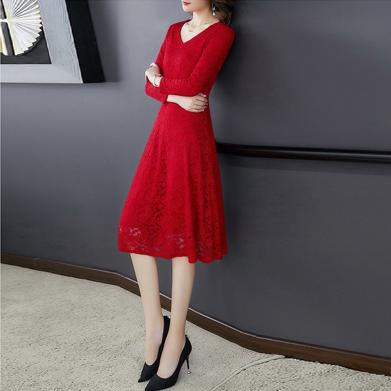 ワンピース ドレス レディース 総レースワンピース ミディアム フレア ドレス Vネック 長袖 花柄