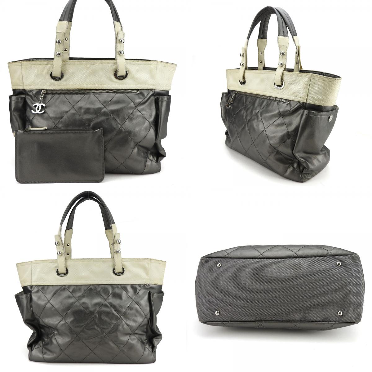 中古 トートバッグ パリビアリッツGM コーティングキャンバス シルバー アイボリー シルバー金具 ポーチ付き バイカラー レディース 女性 中古 トートバッグ パリビアリッツGM コーティングキャンバス シルバー アイボリー シルバー金具 ポーチ付き バイカラー レディース 女性