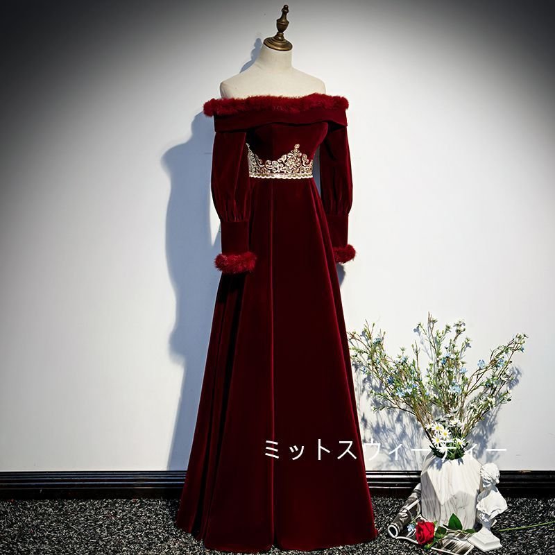 パーティードレス 演奏会 カラードレス ロングドレス オフショルダー イブニングドレス 二次会 aラ