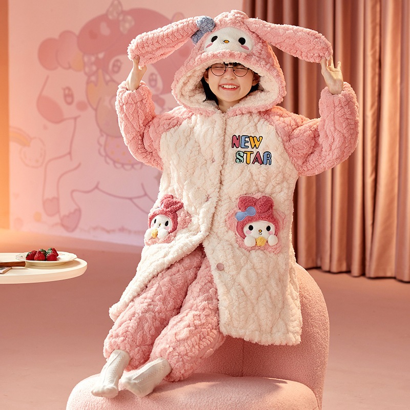 子供用パジャマ女の子秋と冬女の子コーラルフリース厚みのある三層暖かい大きな子供用フランネルホーム服アニメコミック