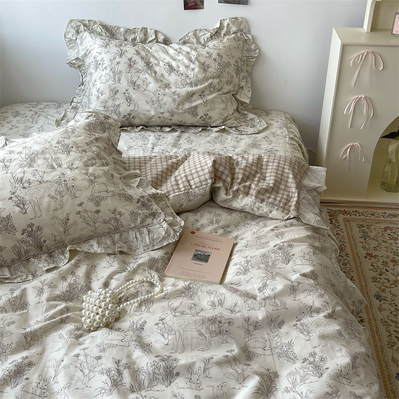 麗夢童話 花柄レースプリンセス ピュアコットン4点セット コットンシーツ キルトカバー ベッドスカート 寝具