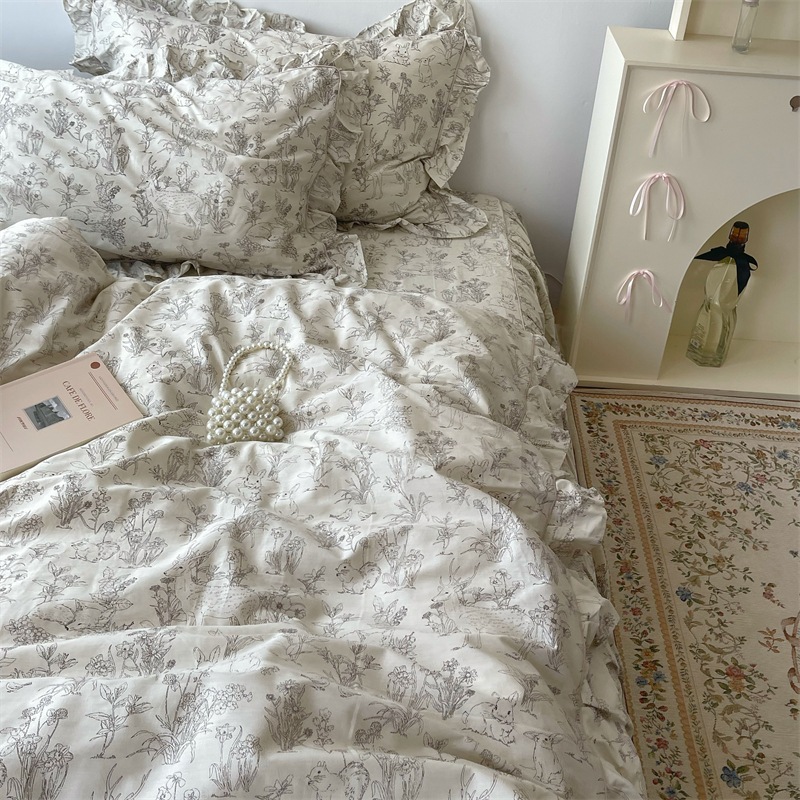 麗夢童話 花柄レースプリンセス ピュアコットン4点セット コットンシーツ キルトカバー ベッドスカート 寝具