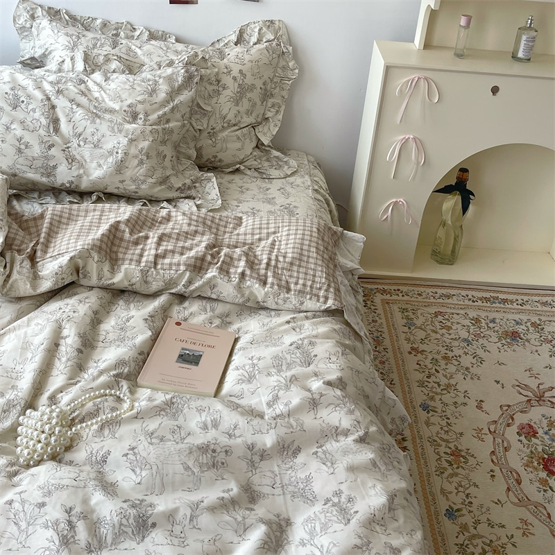 麗夢童話 花柄レースプリンセス ピュアコットン4点セット コットンシーツ キルトカバー ベッドスカート 寝具