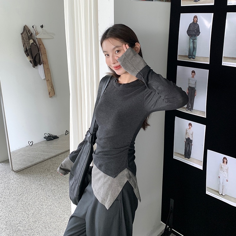 秋着痩せ甘辛不規則スリットスリットトップス 秋着痩せ甘辛不規則スリットスリットトップス