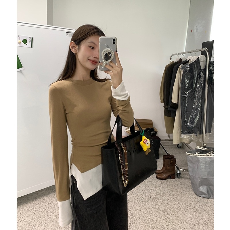 秋着痩せ甘辛不規則スリットスリットトップス 秋着痩せ甘辛不規則スリットスリットトップス