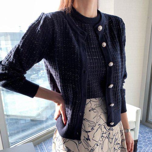 カーディガン レディース ニット ニットカーディガン カーデ トップス 羽織り ライトアウター ツイード パールボタン ラウンドネック 秋 冬 エレガント シンプル 無地 おしゃれ かわいい 大人可愛