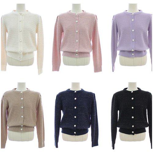 カーディガン レディース ニット ニットカーディガン カーデ トップス 羽織り ライトアウター ツイード パールボタン ラウンドネック 秋 冬 エレガント シンプル 無地 おしゃれ かわいい 大人可愛