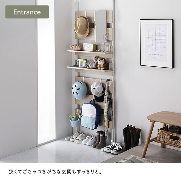 突っ張り ウォールラック [ 80cm幅 ブラウンxブラック ] ミラー付き 壁面収納 棚 賃貸OK ウォールラック 組立品