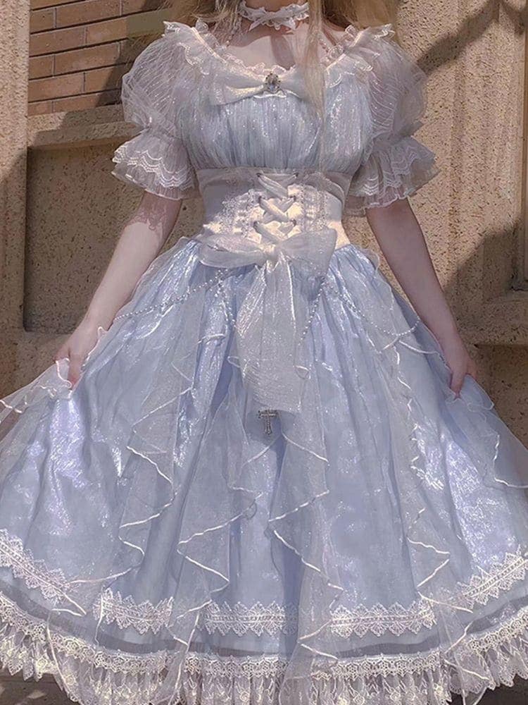 上品で甘美なロリータプリンセスドレス 上級者向けブルーロリータメッシュドレス