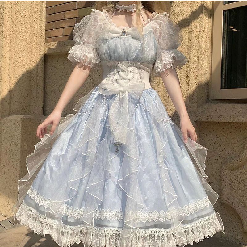 上品で甘美なロリータプリンセスドレス 上級者向けブルーロリータメッシュドレス