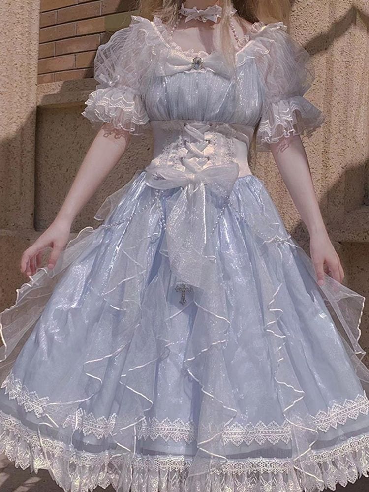 上品で甘美なロリータプリンセスドレス 上級者向けブルーロリータメッシュドレス