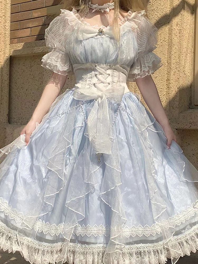 上品で甘美なロリータプリンセスドレス 上級者向けブルーロリータメッシュドレス