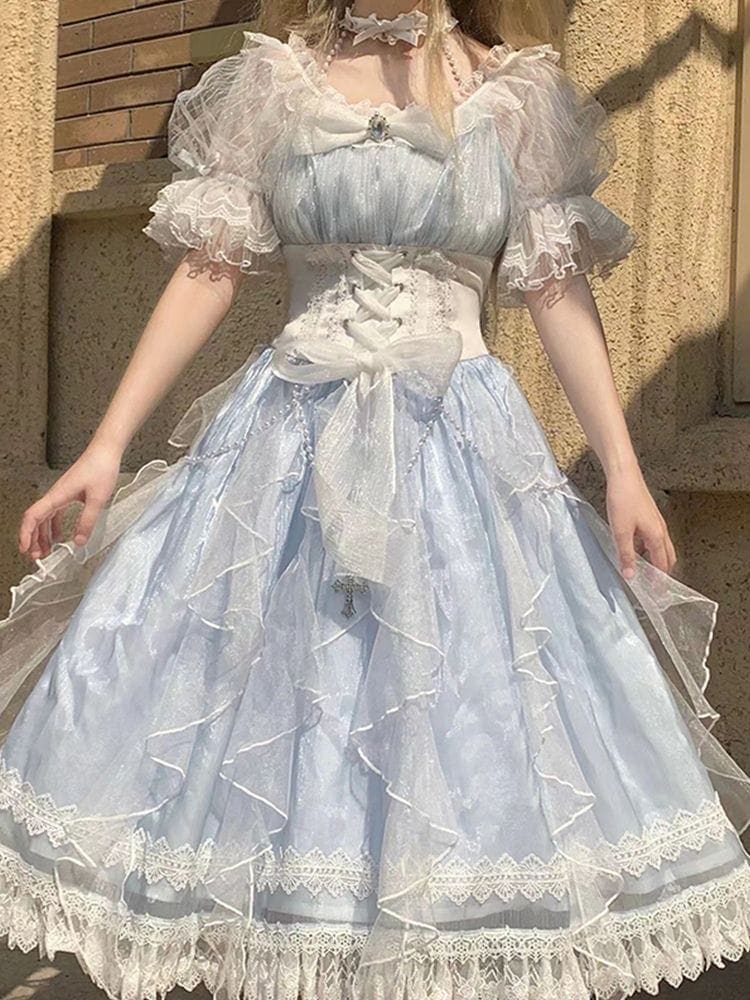 上品で甘美なロリータプリンセスドレス 上級者向けブルーロリータメッシュドレス