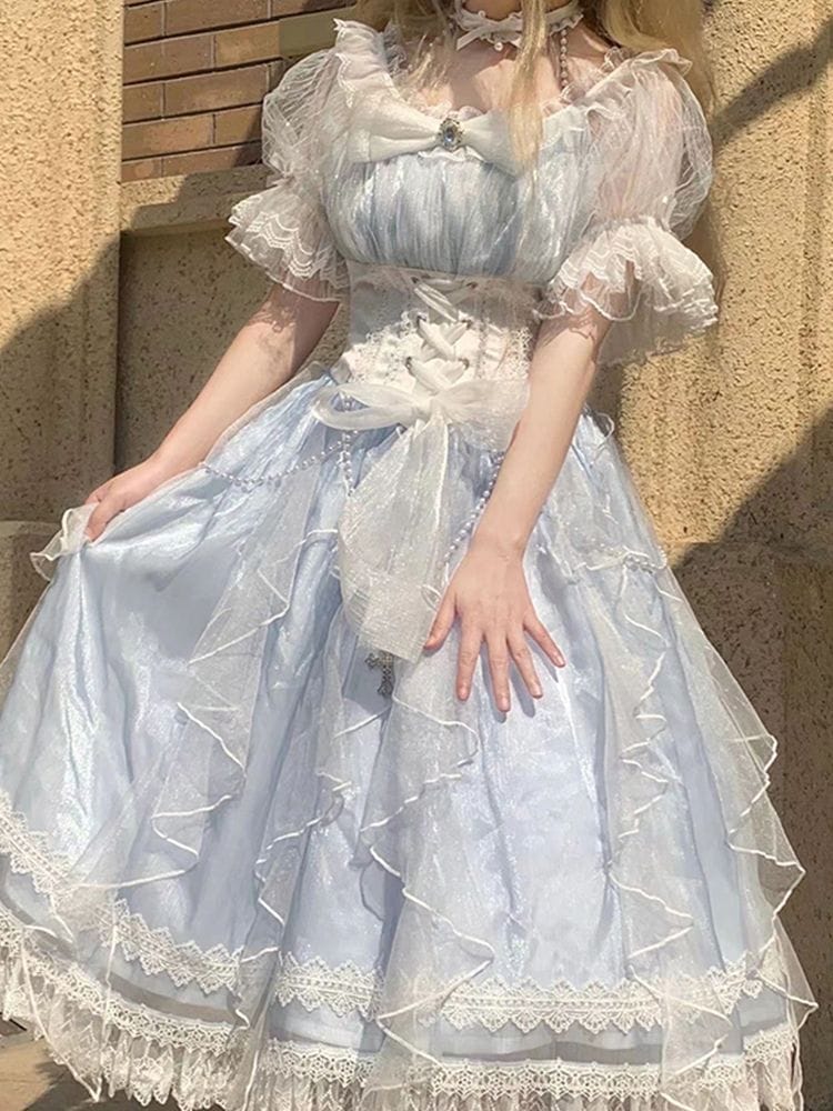 上品で甘美なロリータプリンセスドレス 上級者向けブルーロリータメッシュドレス