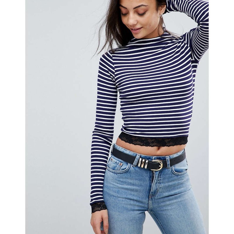 エイソス レディース トップス【ASOS TALL High Neck Polo in Stripe with Lace Trim】White/navy エイソス レディース トップス【ASOS TALL High Neck Polo in Stripe with Lace Trim】White/navy