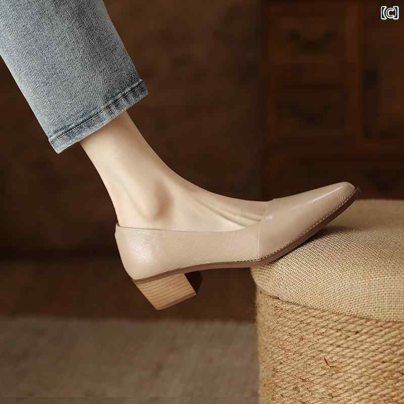 パンプス ローファー レディース オフィス パンプス つま先 浅い口 厚手 ヒール シングル シューズ 女性 スタイル 革 通勤 ソフト ソール