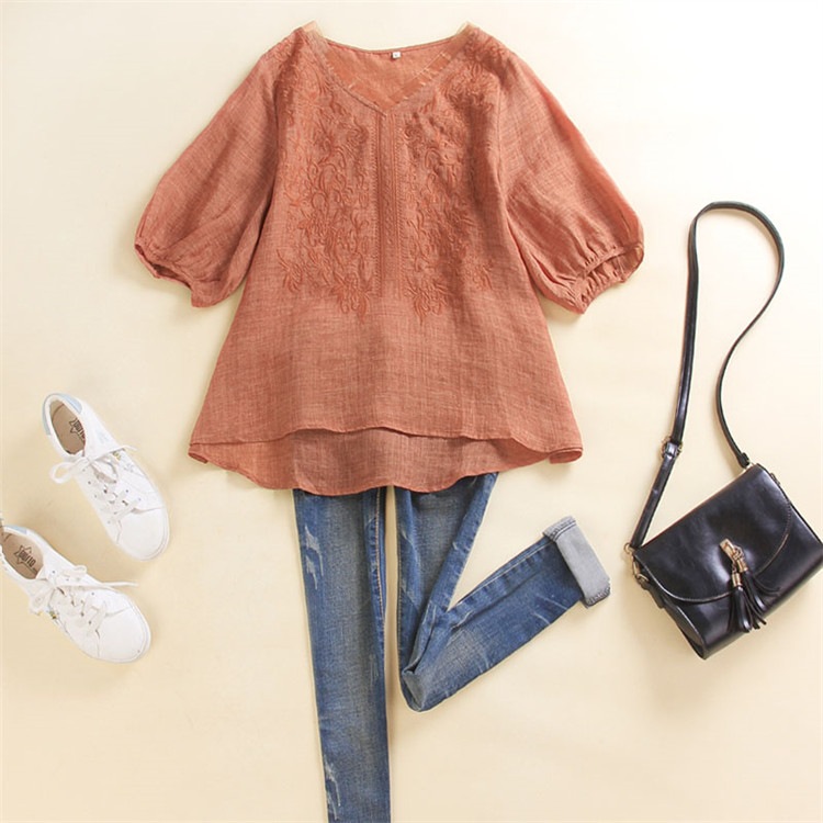 ブラウス シャツブラウス レディース トップス シャツ 半袖 半そで 五分袖 vネック 麻100％